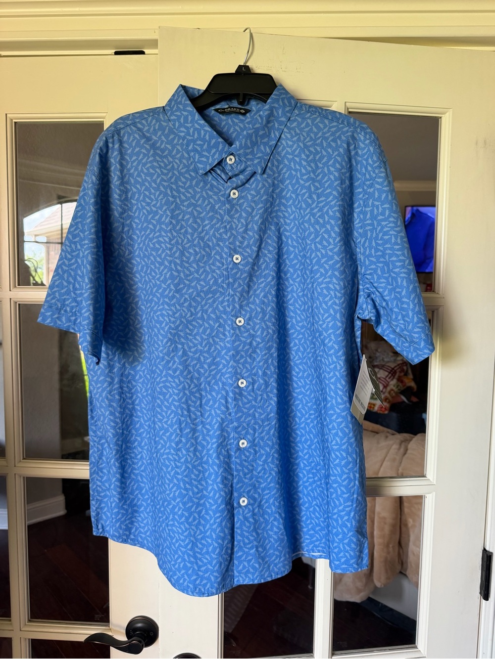 Drake Men’s Blue Bird Print Moisture-Wicking Short Sleeve Shirt Size L NWT